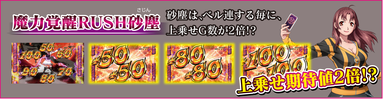 魔力覚醒RUSH砂塵 砂塵は、ベル連する毎に、上乗せG数が2倍!?